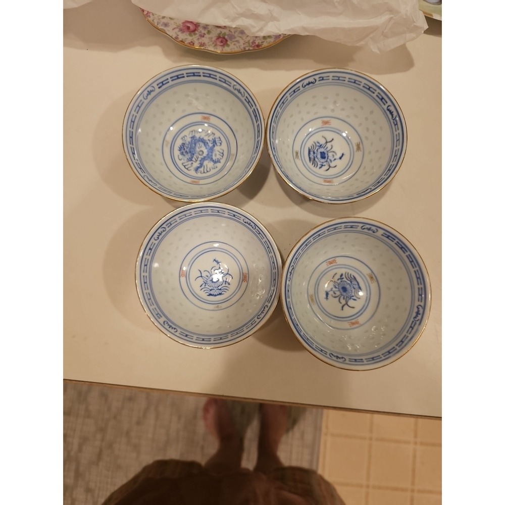 VTG Jingdezhen China 7" Rice Blue White Rice  Bowl S. Set Of 4